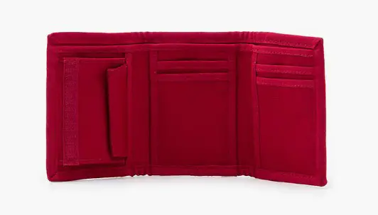 unfolded Levi's red trifold wallet