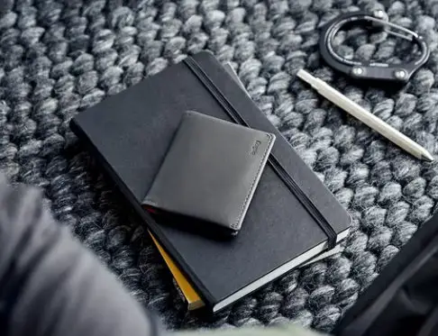 Bellroy Slim Sleeve wallet placed on top of notebook