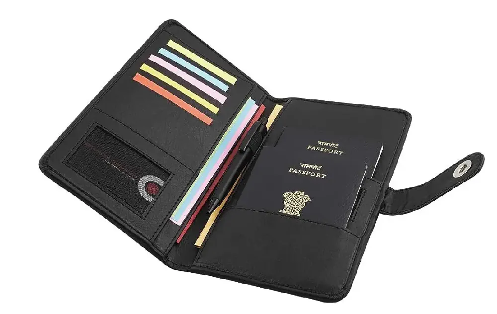 black practical travel wallet with a passport and several travel cards