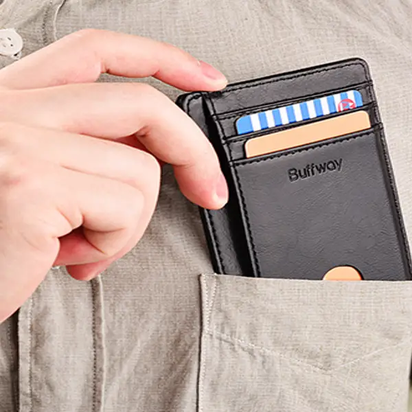 Man putting Buffway Slim wallet in pocket