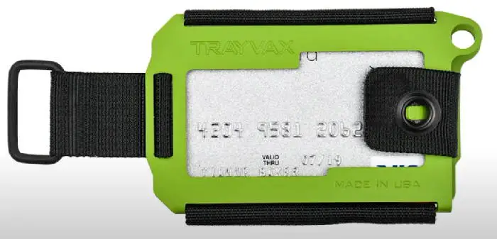 top view of a green Trayvax Axis wallet